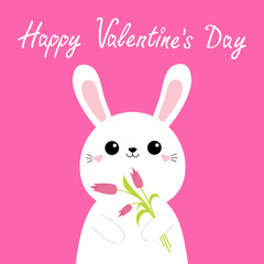 Happy Valentines Day. Cute bunny rabbit hare holding tulip flower bouquet. Kawaii kitty animal. Cartoon funny baby character. Kids print. Love card. Scandinavian style. Flat design. Pink background.