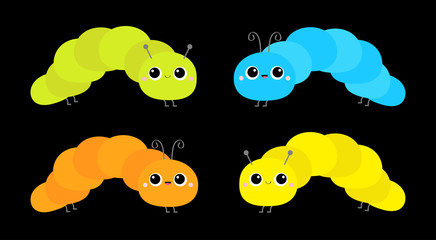 Four cute crawling catapillar bug set line. Cartoon funny kawaii baby animal character. Caterpillar insect icon. Colorful bright yellow blue green orange color. Flat design. Black background.