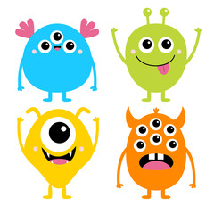 Happy Halloween. Cute monster icon set. Four cartoon kawaii colorful scary funny character. Funny baby collection. Eyes, tongue, horns, hands up. White background. Flat design.