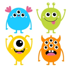 Fotobehang Happy Halloween. Cute monster icon set. Four cartoon kawaii colorful scary funny character. Funny baby collection. Eyes, tongue, horns, hands up. White background. Flat design. © worldofvector