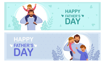 Set greeting cards Happy Father's Day. Cartoon photo of father, red-haired son and daughter hugging together. Vector illustration of a flat design - stock vector. Happy father's day template design