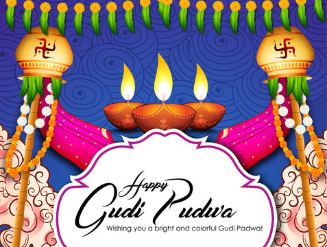 Vector Illustration of Indian Festival of Gudi Padwa Poster For Occasion Of Gudi Padwa Celebration (Lunar New Year) Background. - Vector