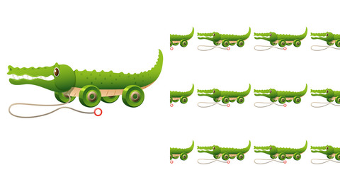 Seamless background design with crocodile toy with wheels