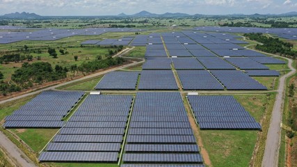 Solar energy farm. Aerial view of a solar farm in Asia.