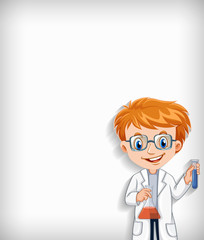 Plain background with happy scientist and his tools