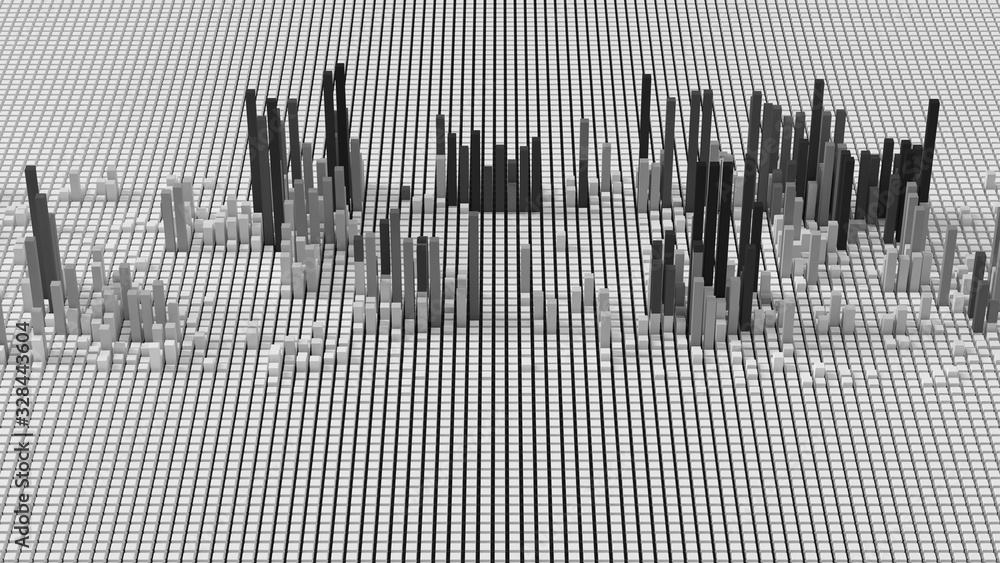 Poster 3d render of grid of blocks with pushing up details. complex digital and analysing concept. technolo
