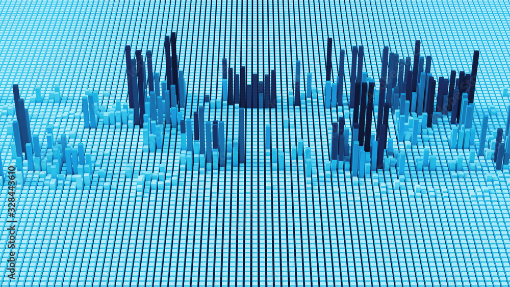 Poster 3d render of grid of blocks with pushing up details. complex digital and analysing concept. technolo