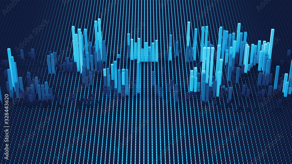 Poster 3d render of grid of blocks with pushing up details. complex digital and analysing concept. technolo