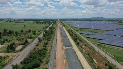 Solar energy farm. Aerial view of a solar farm in Asia.