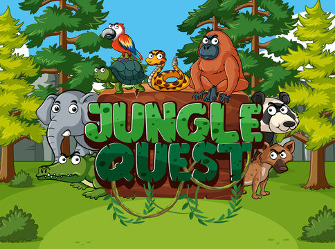 Forest scene with word jungle quest and wild animals in background