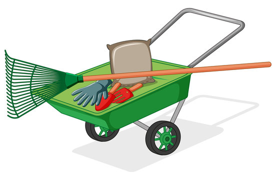 recommend clip art: Green wagon with gardening tools and bag of soil