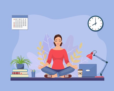 Businesswoman Doing Yoga To Calm Down The Stressful Emotion From Hard Work In Office Over Desk With Office Concept Of Meditation . Vector Illustration In Flat Style