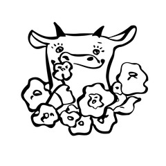 Portrait of a cow in flowers. Vector illustration in line art style. Hand drawn.