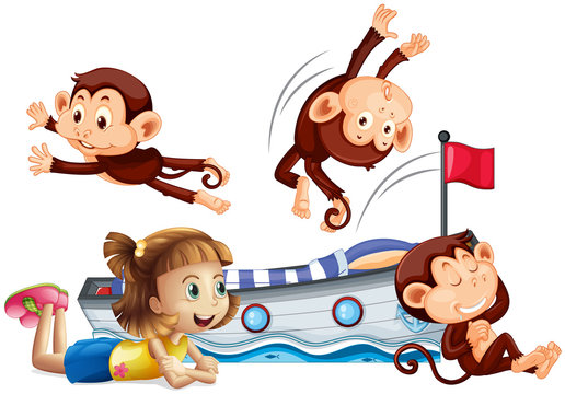 Girl and happy monkeys jumping on the bed