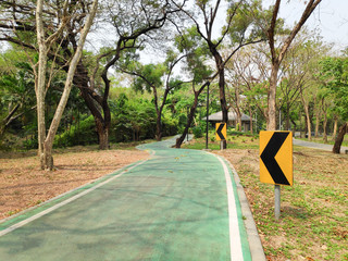 View of exercise paths in the garden surrounded by green trees