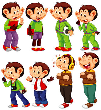 Cute monkey in different costumes on white background