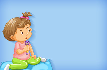 Plain background with little girl playing in bed