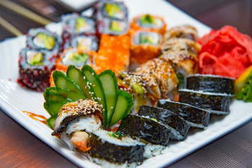 Colorful fresh sushi on the plate