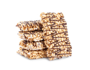 Delicious rice crispy treats on white background