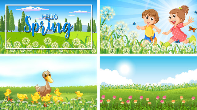 Four background scenes with children and animals in the park