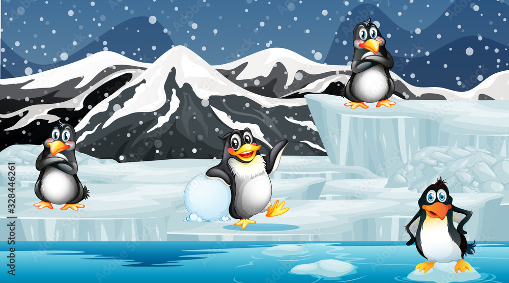 Poster scene with penguins on ice