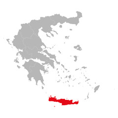 Fototapeta na wymiar Crete island highlighted red color on greece map vector. European country. Gray background.