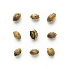 Creative layout of hemp seeds. Superfood hemp concept. Top view of nine cannabis or hemp seeds with...