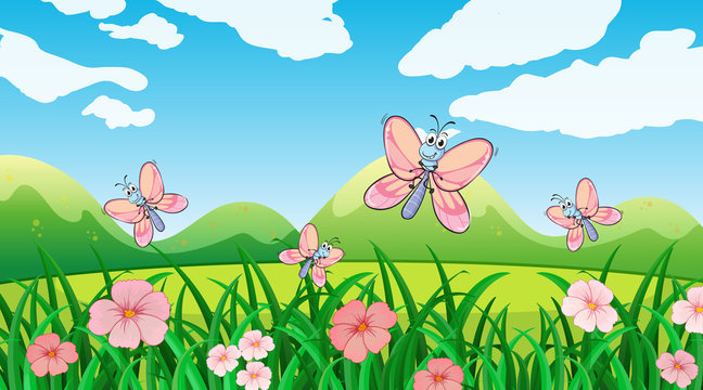 Nature scene background with butterflies in the garden