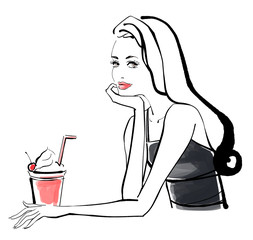 カフェで頬杖をつく女性　黒いドレス