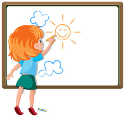Banner template with happy girl drawing on the board