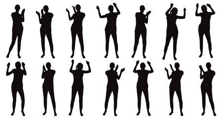 Silhouettes of dancing and applauding woman in full growth, set. Vector illustration.