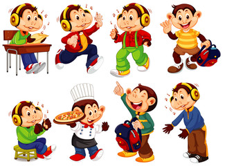 Set of monkeys wearing in different costume doing different actions