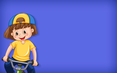 Plain background with happy girl riding bicycle