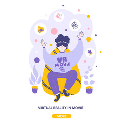 Virtual reality movie. A man watches movie with 3D glasses vector landing page template