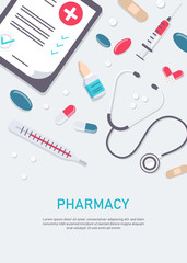 Big set of medical equipment and pharmacy. Pharmacy square frame with pills, drugs, medical bottles. Pharmacy vector flat illustration. Banner in medicine and healthcare. vector illustration. Vertical