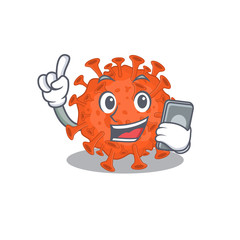 Mascot design of electron microscope coronavirus speaking on phone