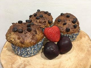 Chocolate chip banana cup cake that no sugar no butter with strawberry and cherry.