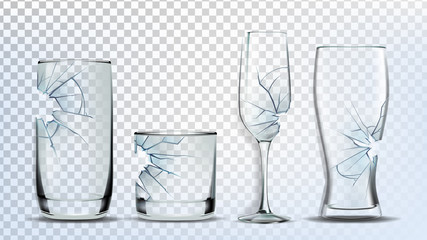 Broken And Damaged Glasses Collection Set Vector. Crashed Wine And Beer, Champagne, Whiskey And Juice Glasses. Transparency Drink Glassware Concept Template Realistic 3d Illustrations