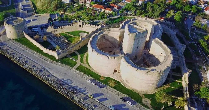 Kilitbahir Castle and Canakkale redoubts next to bosporus, aerial view, drone shot