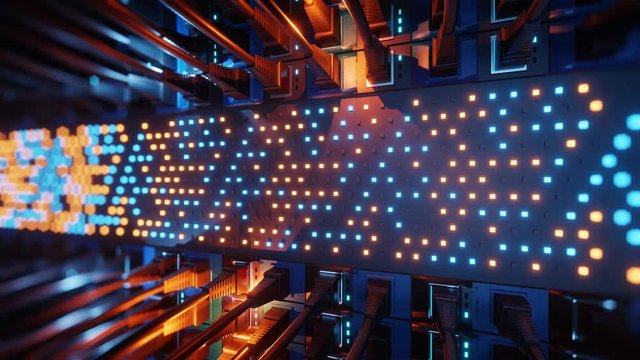 Close-up view of modern internet network switch with plugged ethernet cables. Blinking blue lights on internet server. 4k 3d endless loop animation.