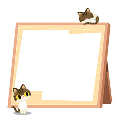 Vector cute cat character sleeping and  sitting on empty board, sign to place your text