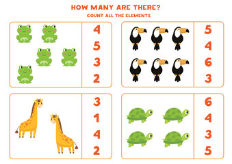 Counting educational game for kids. Wild animals.