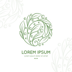 Green linear leaf emblem. Elegant, classic vector. Can be used for jewelry, beauty and fashion industry. Great for logo, monogram, invitation, flyer, menu, brochure, background, or any desired idea.
