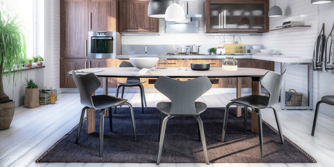 Modern Kitchen Area with Dining Room Integration (panoramic) - 3d visualization