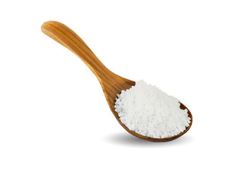 Sea salt in wooden spoon isolated on white background. This has clipping path.    