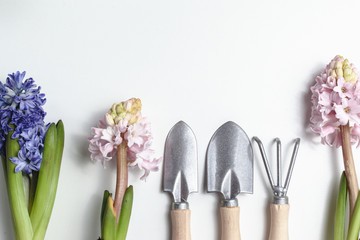 Garden tools and plants on  white background. Spring garden concept.  Beautiful hyacinths flowers.  Place for text.