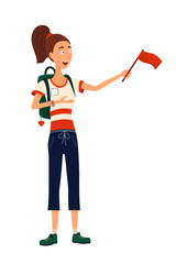 Vector character of woman guide with red flag