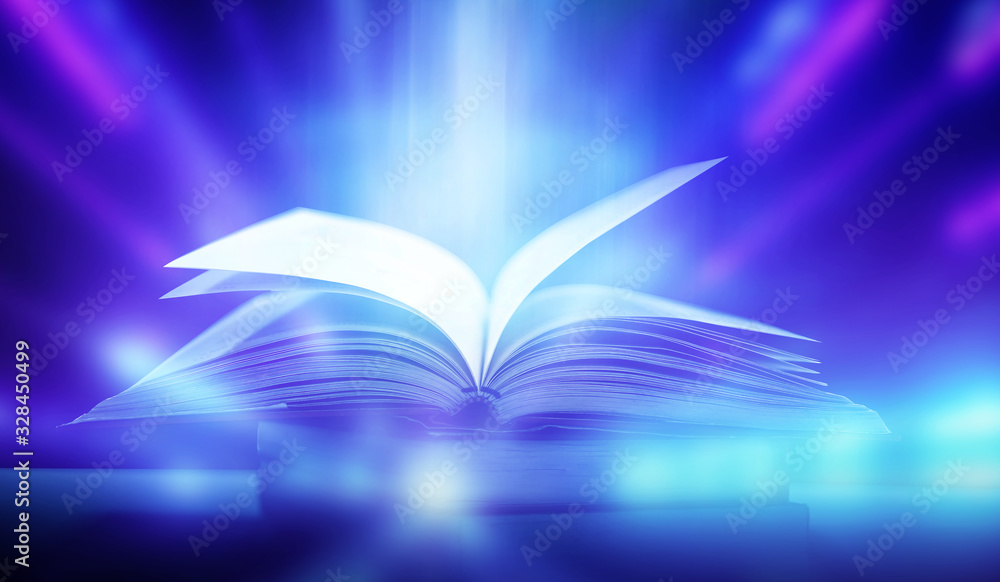 Poster imagine a picture book of an ancient book opened on a wooden table with a sparkling golden backgroun