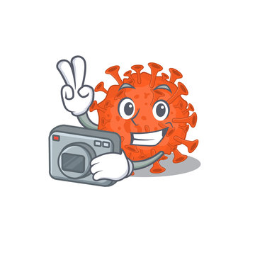 Electron microscopy coronavirus mascot design as a professional photographer with a camera