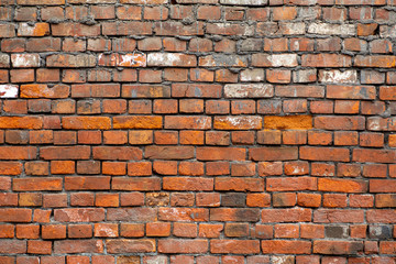 Old brick wall. Brickwork from an old brick in a rustic style. The structure and pattern of the destroyed stone wall. Copy space